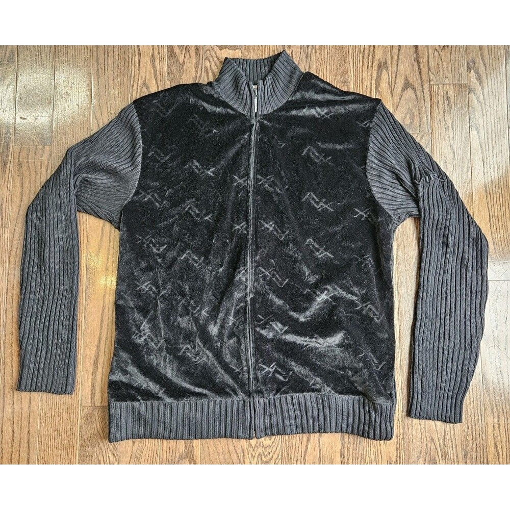 VTG Avirex Logo Full Zip Sweater Men’s XL Black Ribbed Knit Hip Hop Velour